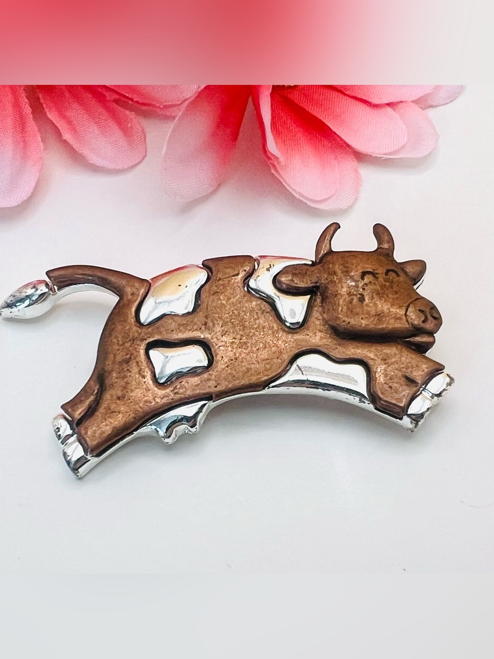 Vintage leaping cow brooch silver and Copper tone
